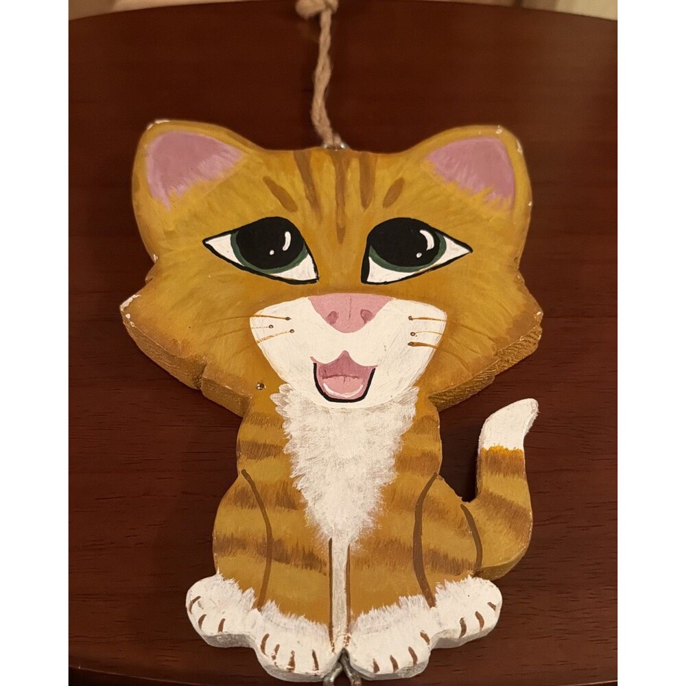 Vintage Hand Painted Wooden Cat Figure Wall Hanging. Cottage Core. 10”. Adorable